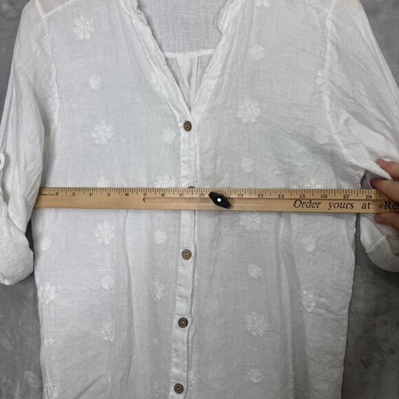 Rosemarine Top Womens Small White 100% Linen Embroidered Floral Roll Tab Sleeve - Picture 6 of 9